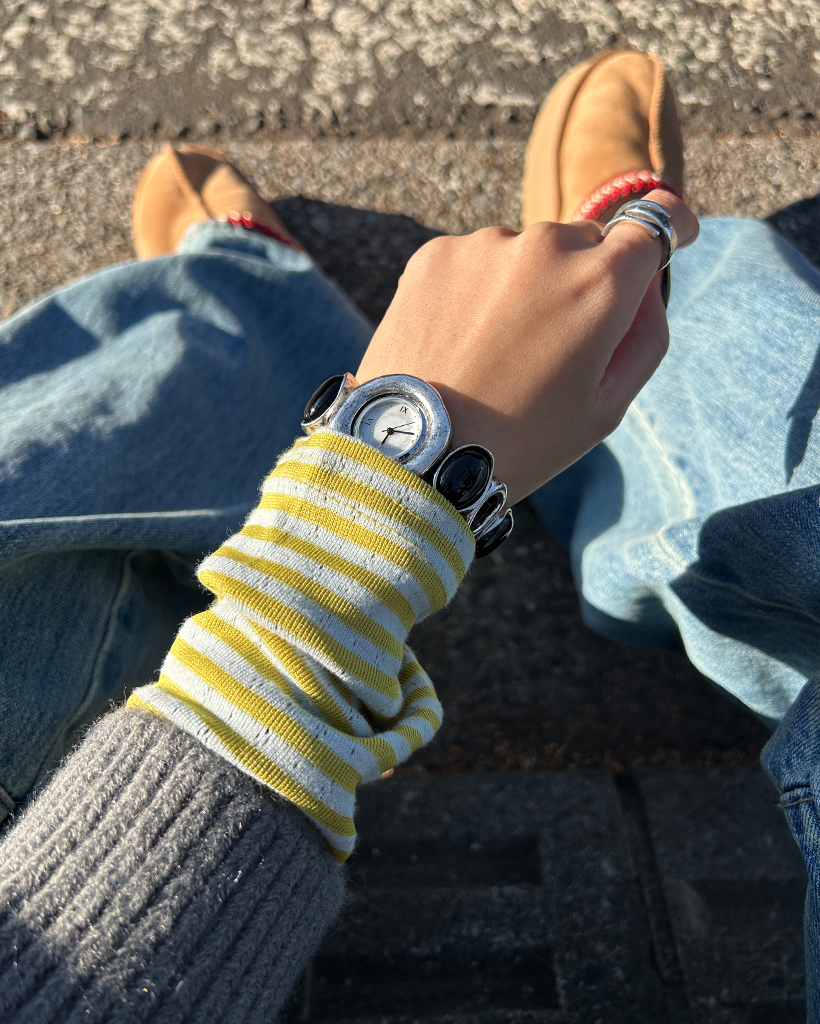 ブラックストーンシルバーブレスレットハンドウォッチ