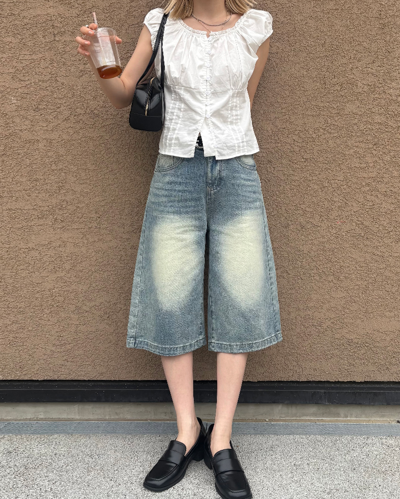 ハイウエストフレアバミューダデニムパンツ