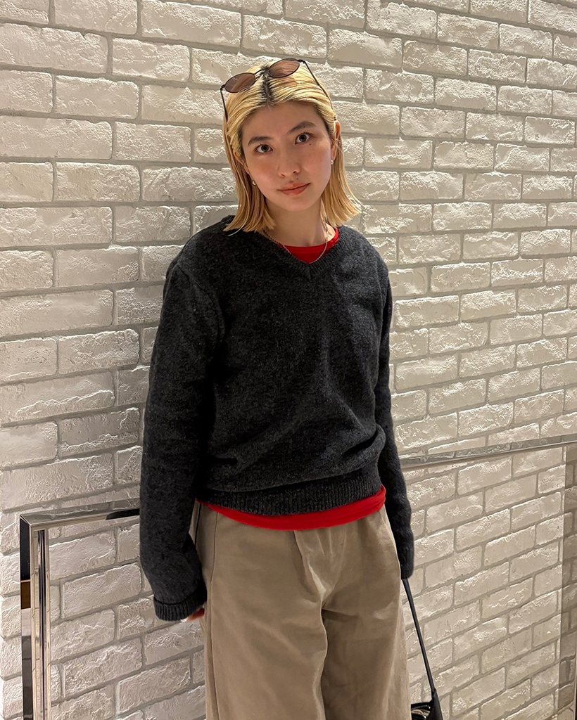 リブＶネックドロップショルダーニット