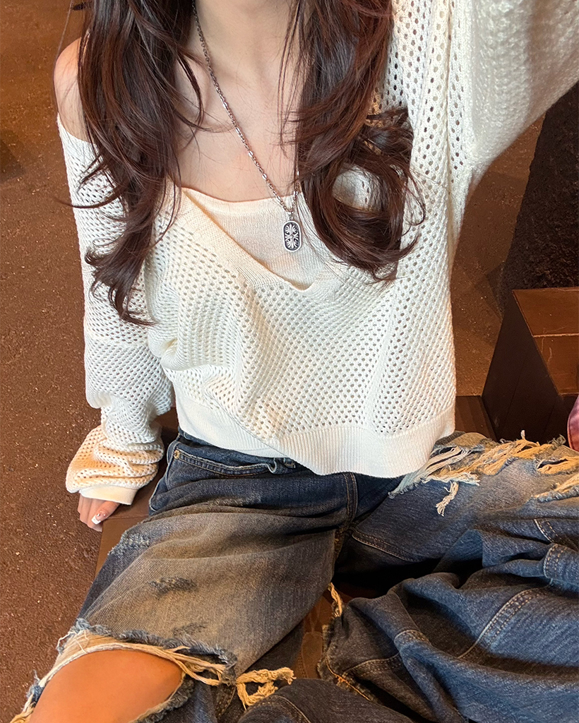 キャミ&ディープグラスネックメッシュニット