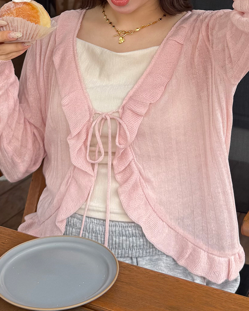 フリルシースルーリブカーディガン