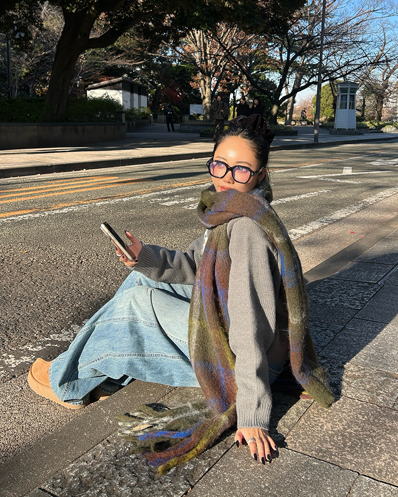 ウールミックスチェックビックフリンジマフラー