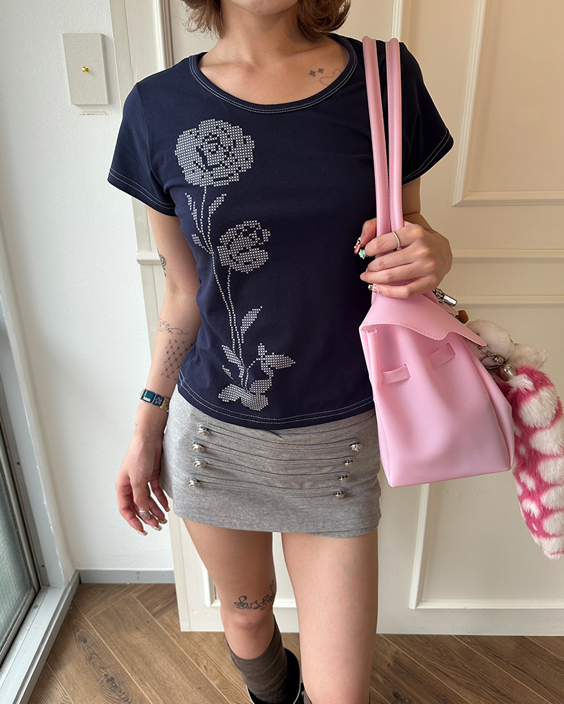 ピクセルフラワープリントショートスリーブTシャツ