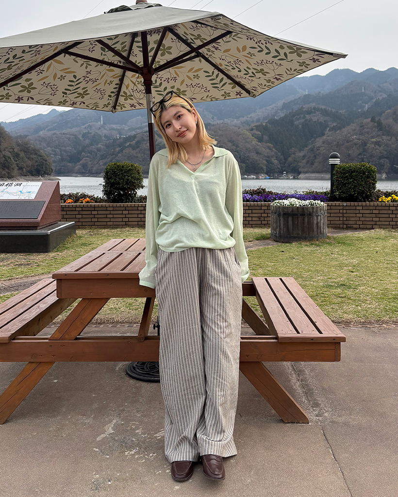 ストライプリンクルワイドイージーパンツ