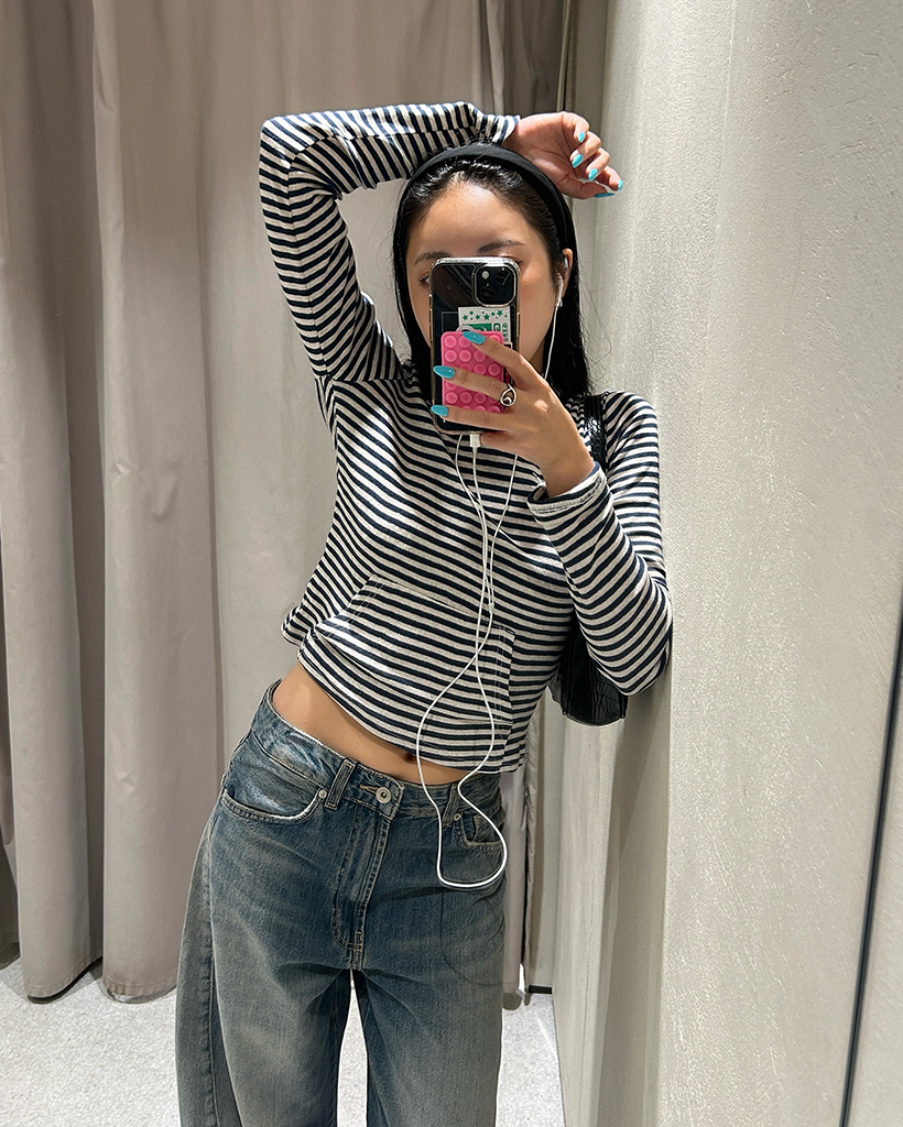 スリムボーダーフードロングスリーブＴシャツ