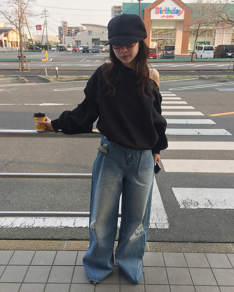 2wayネックスタッズロングスリーブ裏起毛スウェット