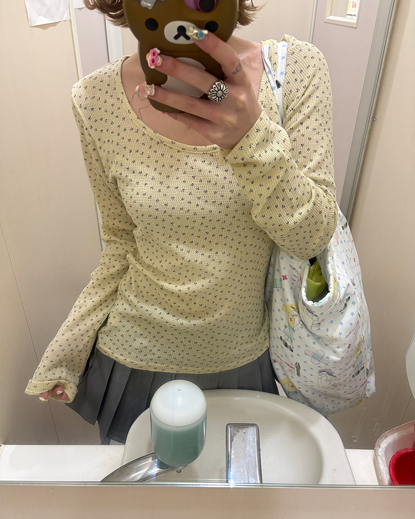 2wayネックフラワーリブロングTシャツ