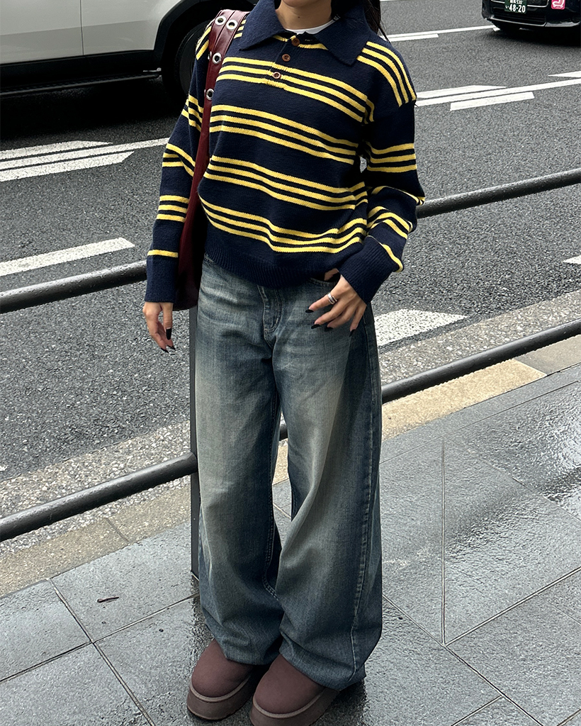 トリプルボーダーポロネックニットセーター