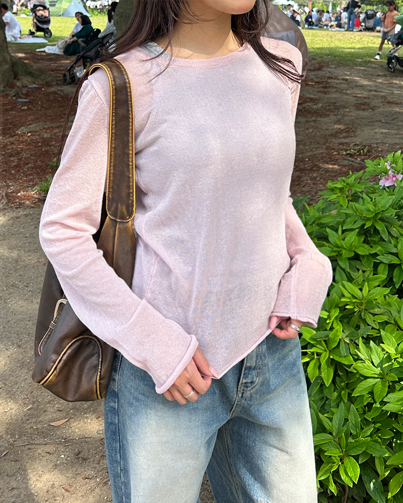 ラウンドネックロールアップヘムシースルーニット