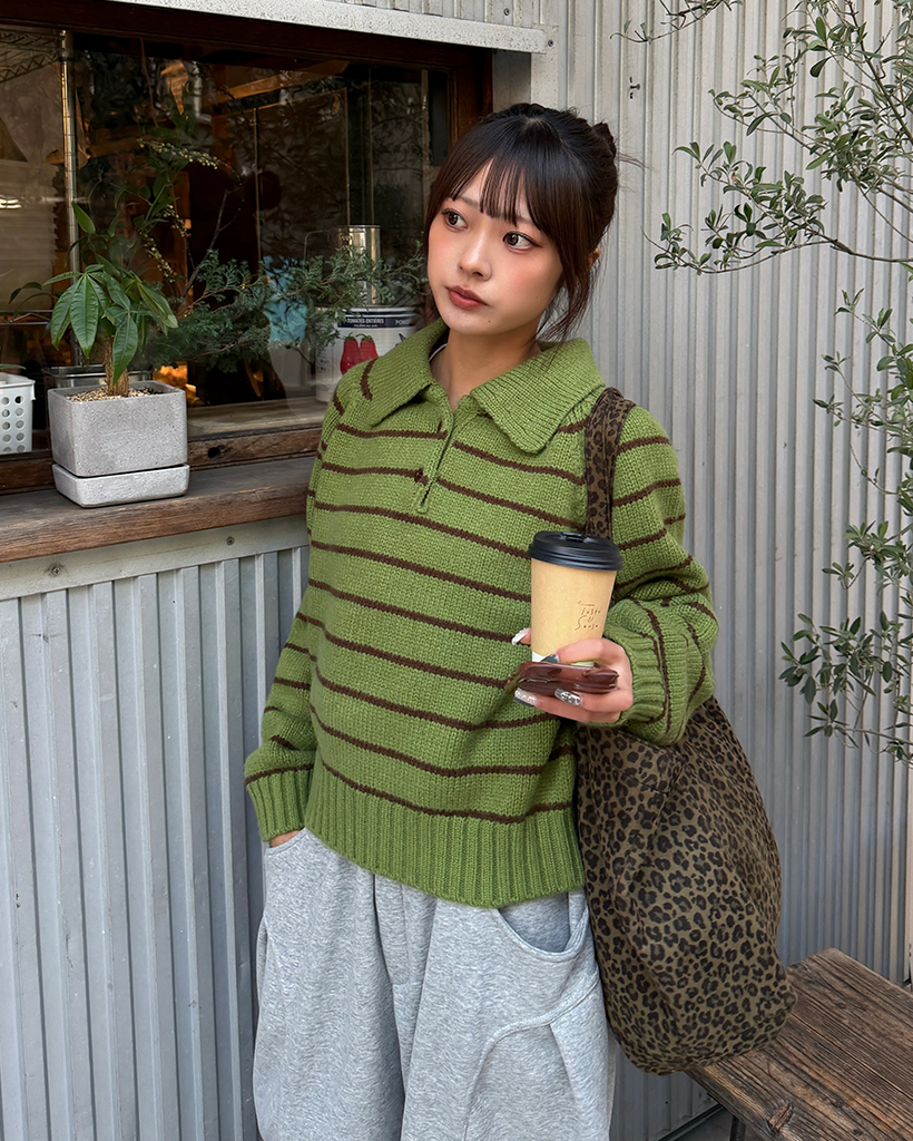 ポロネックラグランショルダーボーダーニット