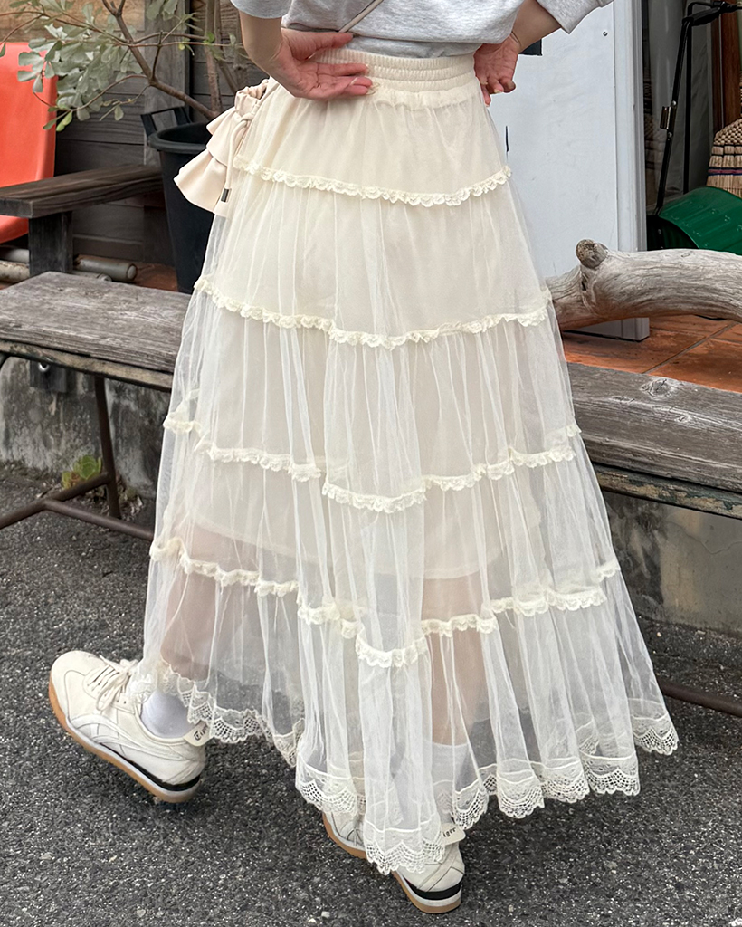 レースティアードチュールロングスカート