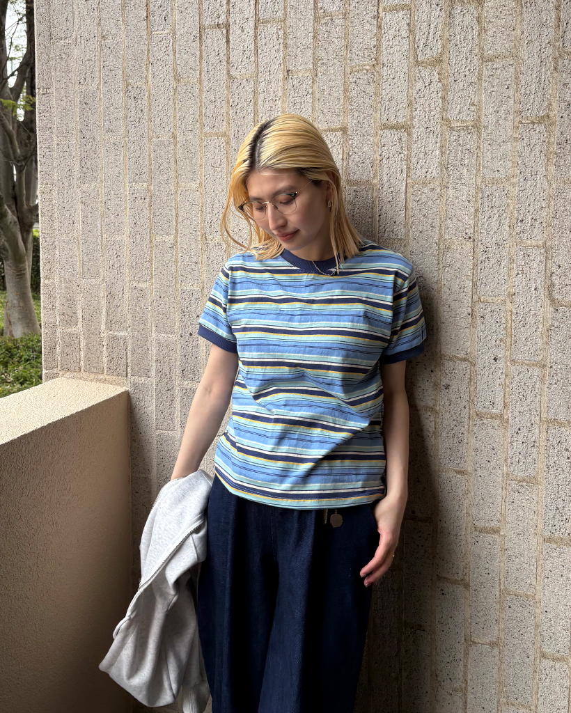 マルチボーダーセミクロップドハーフTシャツ