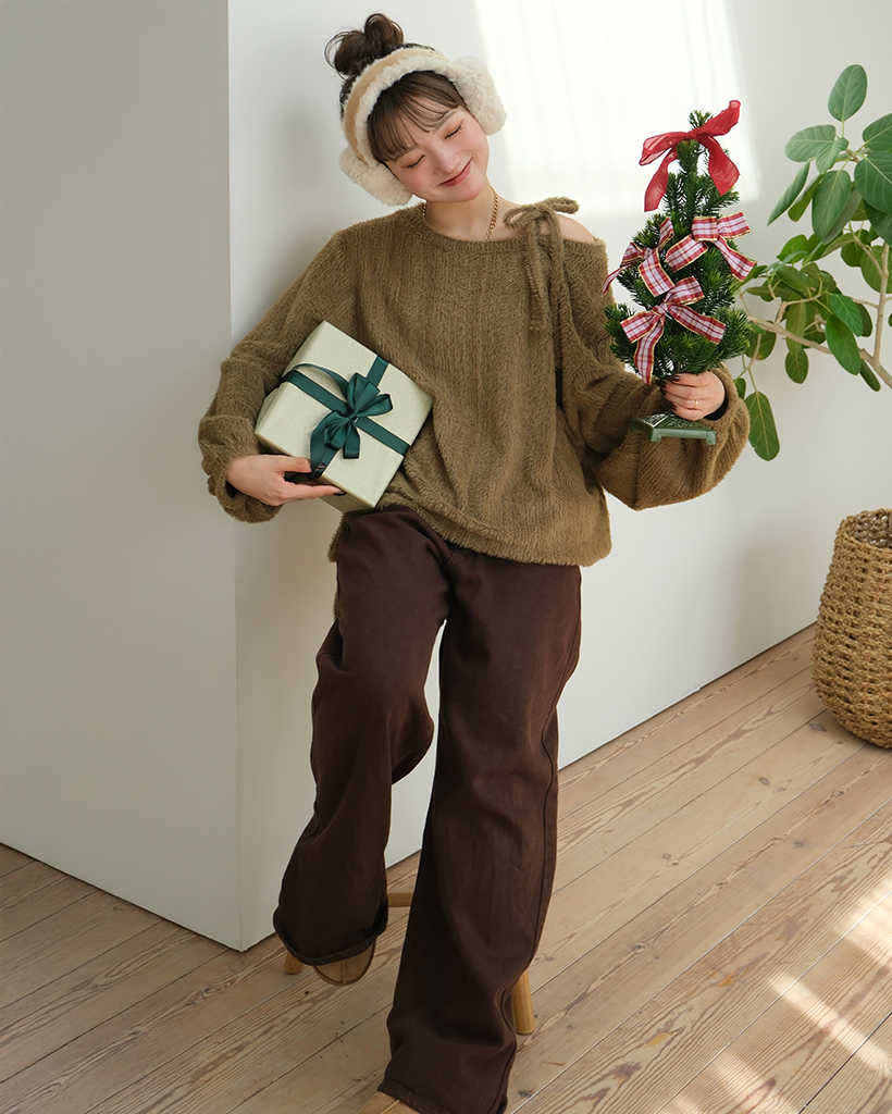 [4回再販](ORIGINAL) ヘアリー ボートネックリボンニット