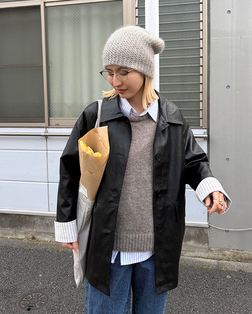 トリプルストライプカフスハーフレザージャケット