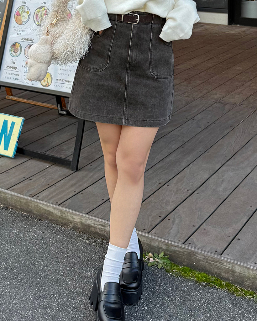 ベルトセットカラーAラインミニデニムスカート