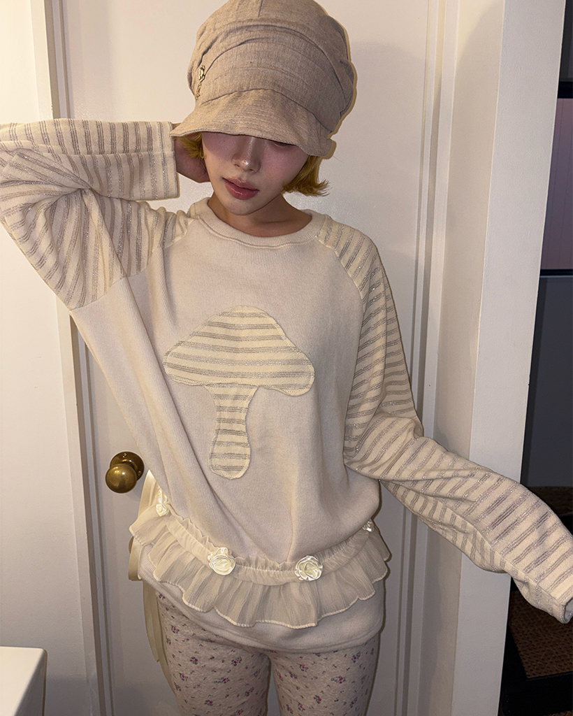 マッシュルームラメボーダーラグランサカリバロングTシャツ