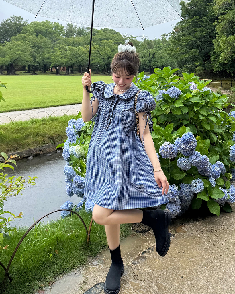 レースポロネックパフチェックミニワンピース