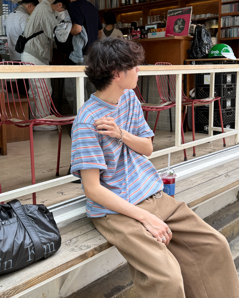 ラウンドネックミックスボーダーハーフTシャツ