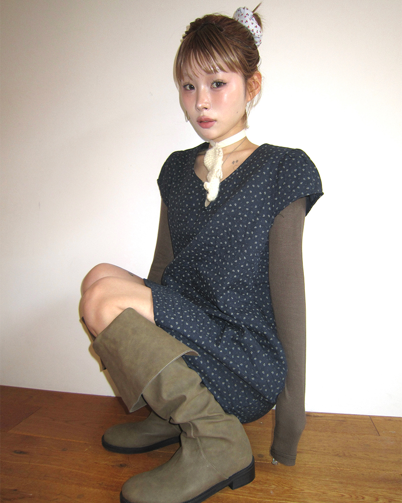 ティアドロップネックガーゼキルティングチュニック