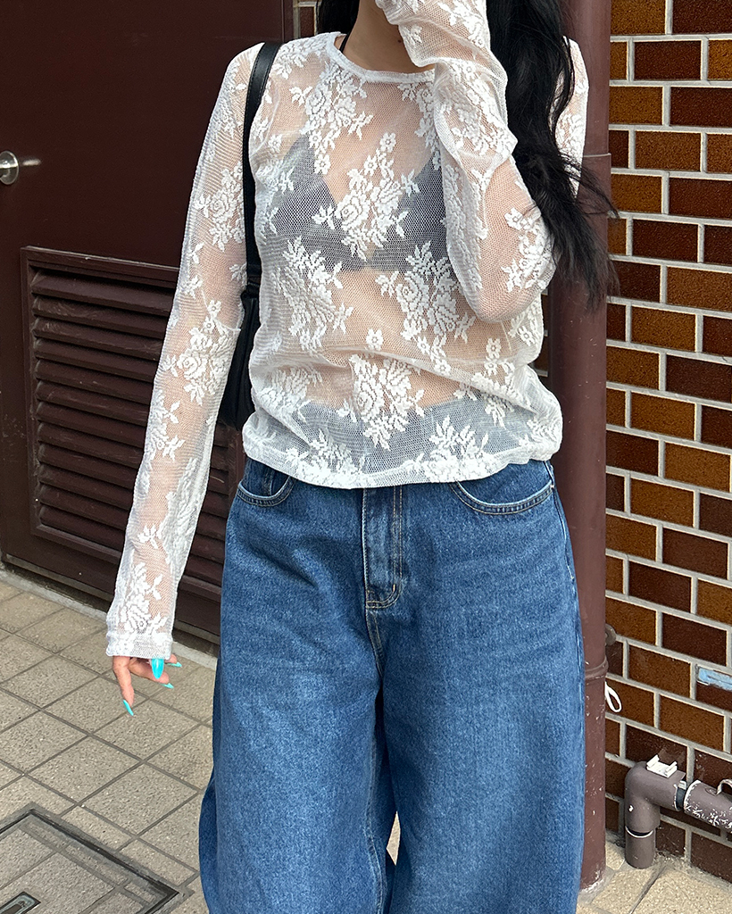 チュールフラワーシースルーロングTシャツ