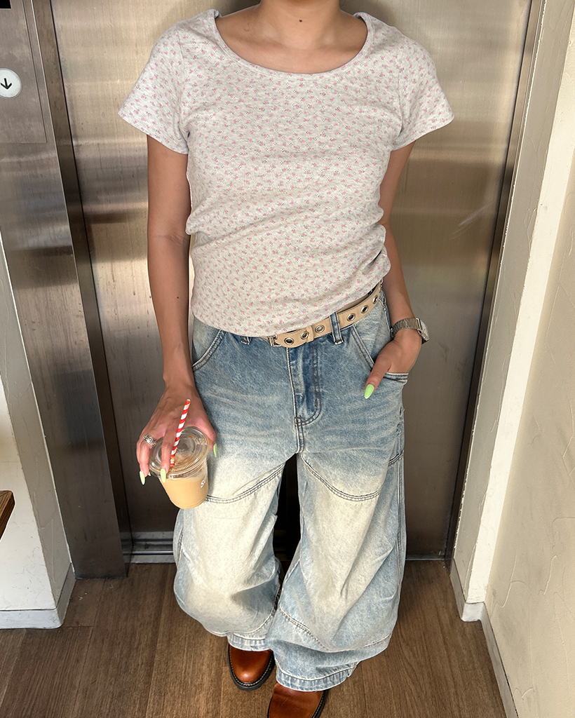 ボートネックフラワーポワンテルショートTシャツ