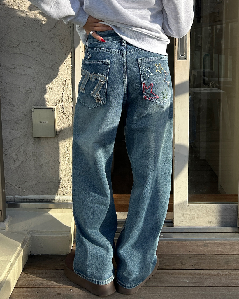 77カラースターパッチワイドジーンズ