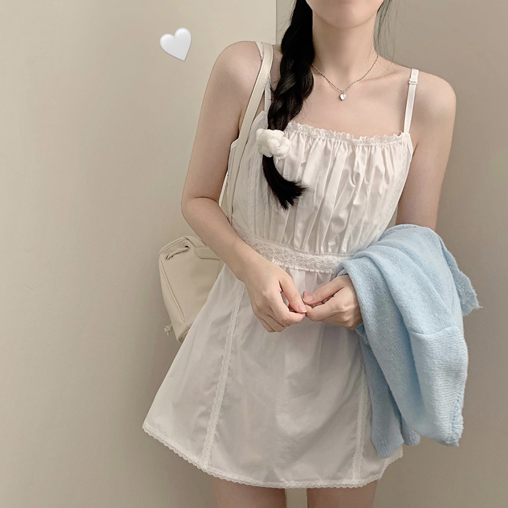 アイボリー レース ノースリーブ ミニワンピース キャミワンピ ドットシフォン アイボリー レース ノースリーブ ミニワンピース キャミワンピ