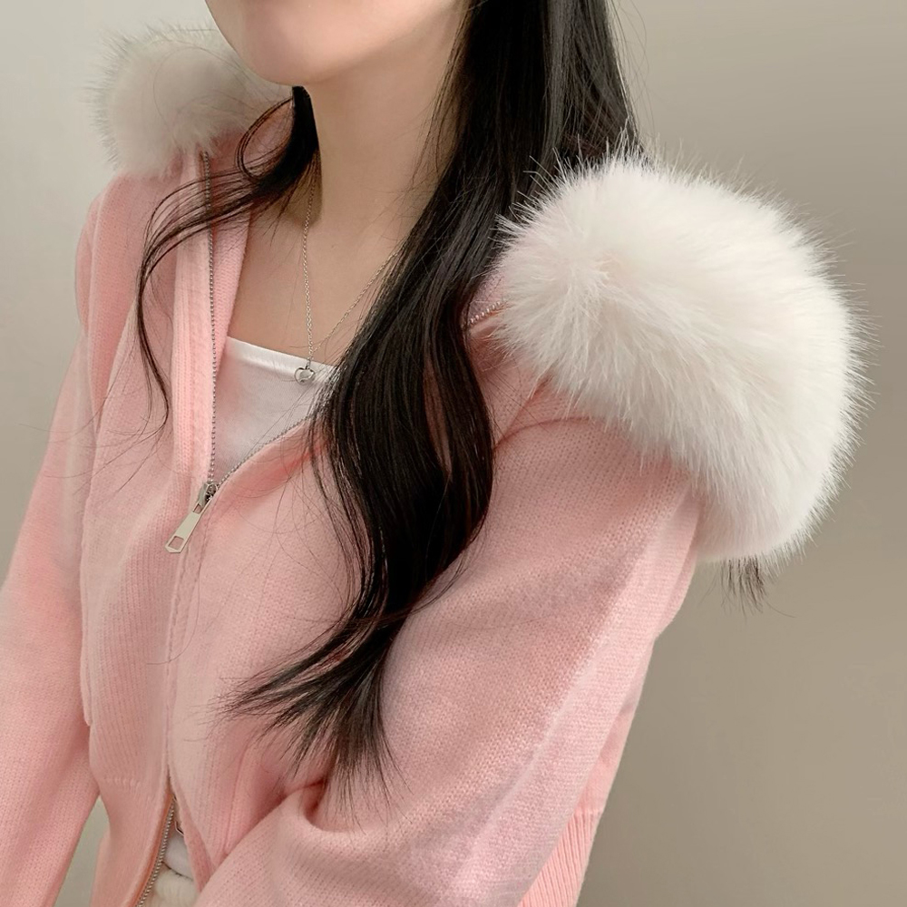 ポケットファー付きフード2WAYクロップドニットパーカー