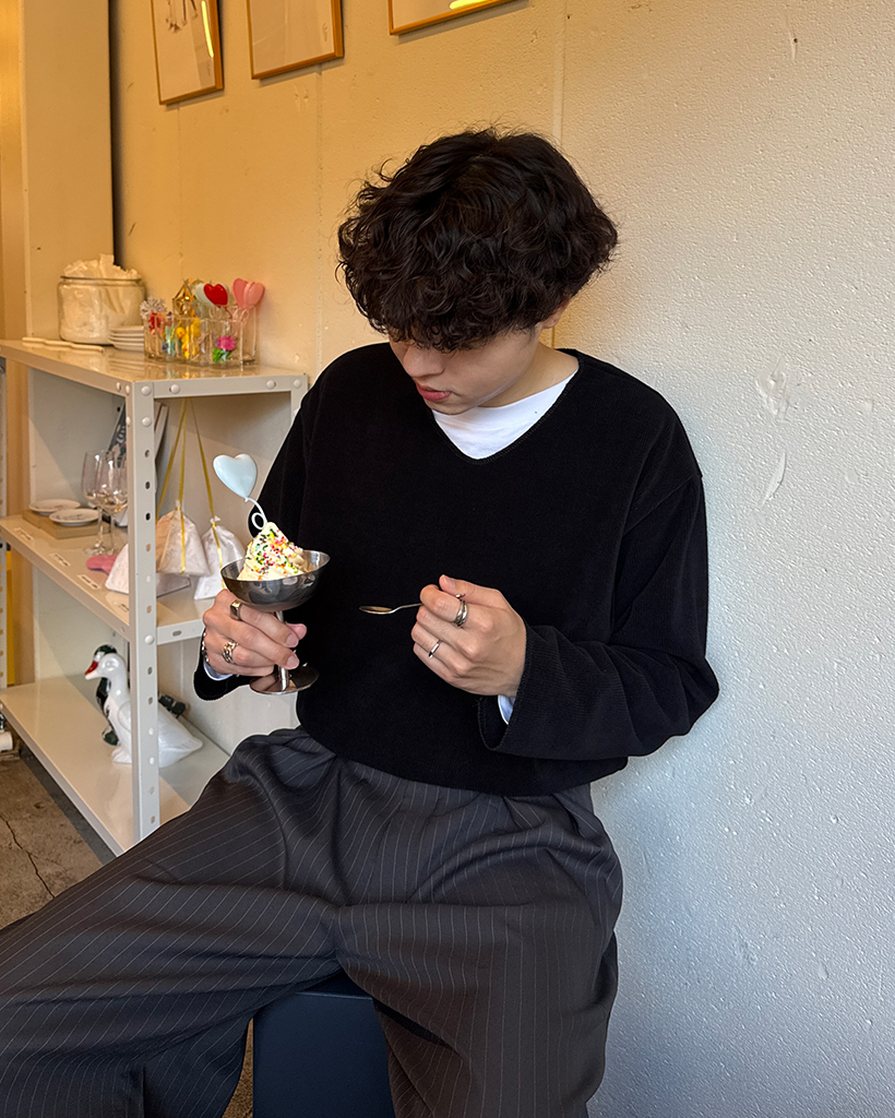 VネックリブルーズロングTシャツ