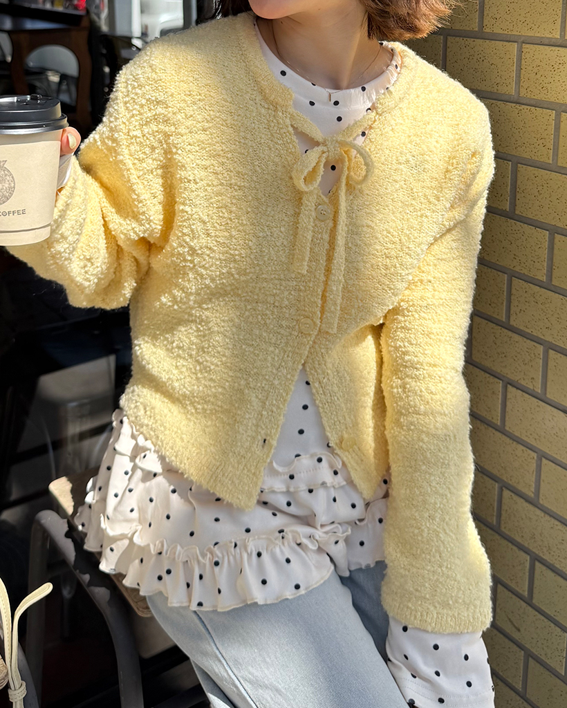 リボンネッククロップドプードルカーディガン