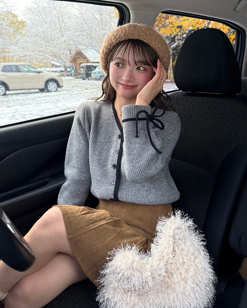 バイカラーカフスリボンリブニットカーディガン