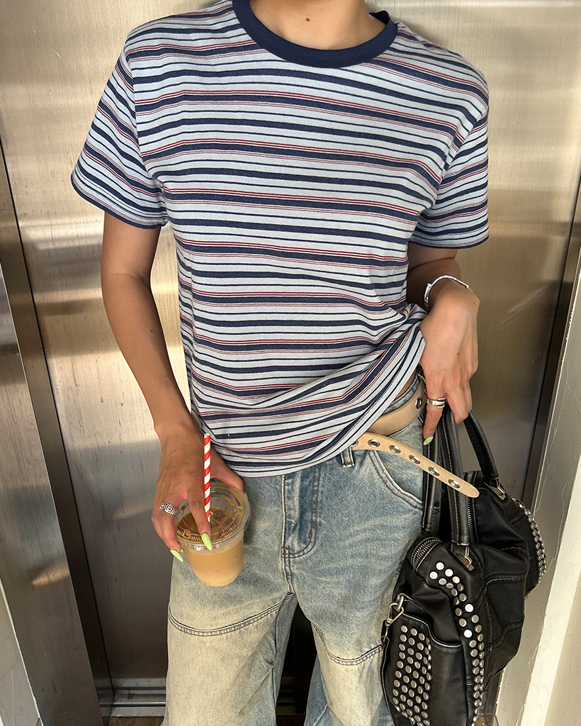 ミックスボーダーセミクロップドハーフTシャツ