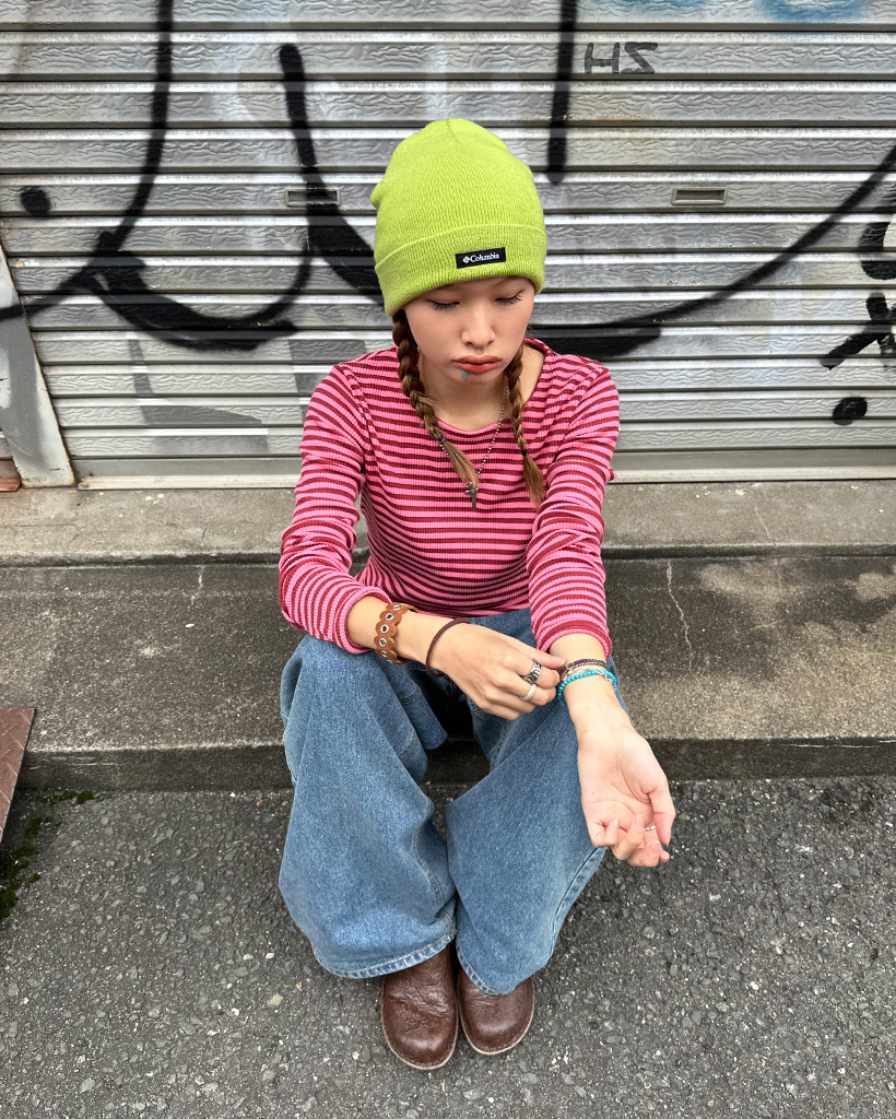 オブロングネックラウンドヘムボーダーリブロングＴシャツ