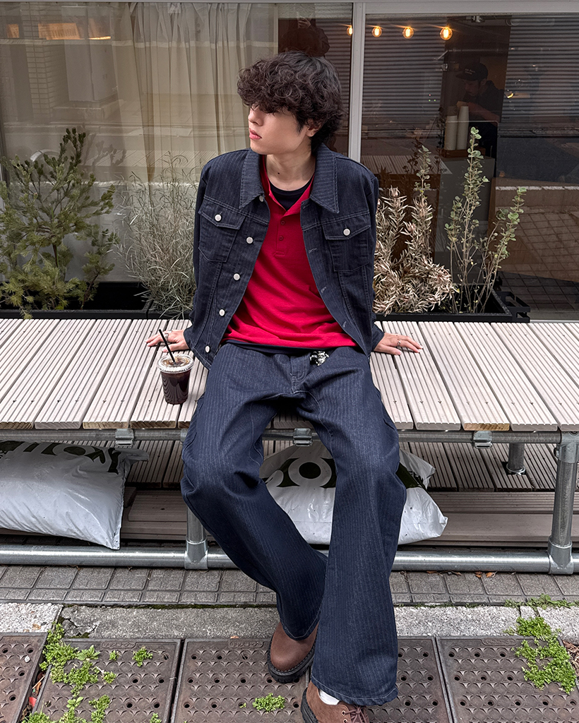 バックスリットストライプリジッドデニムジャケット