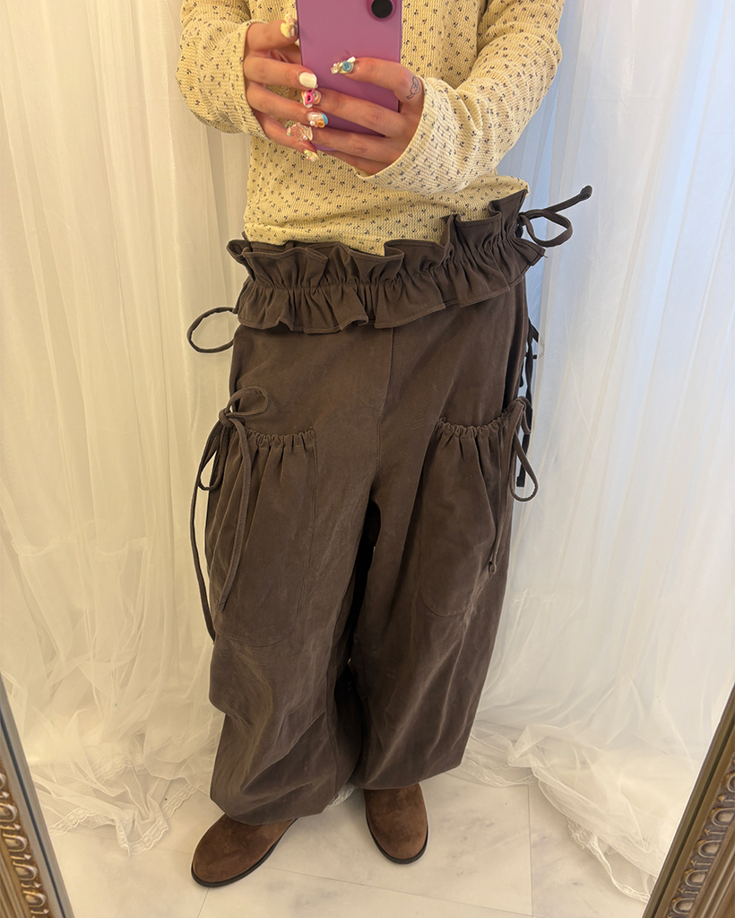 ギャザーベルトセットユニークポケットピーチコットンパンツ