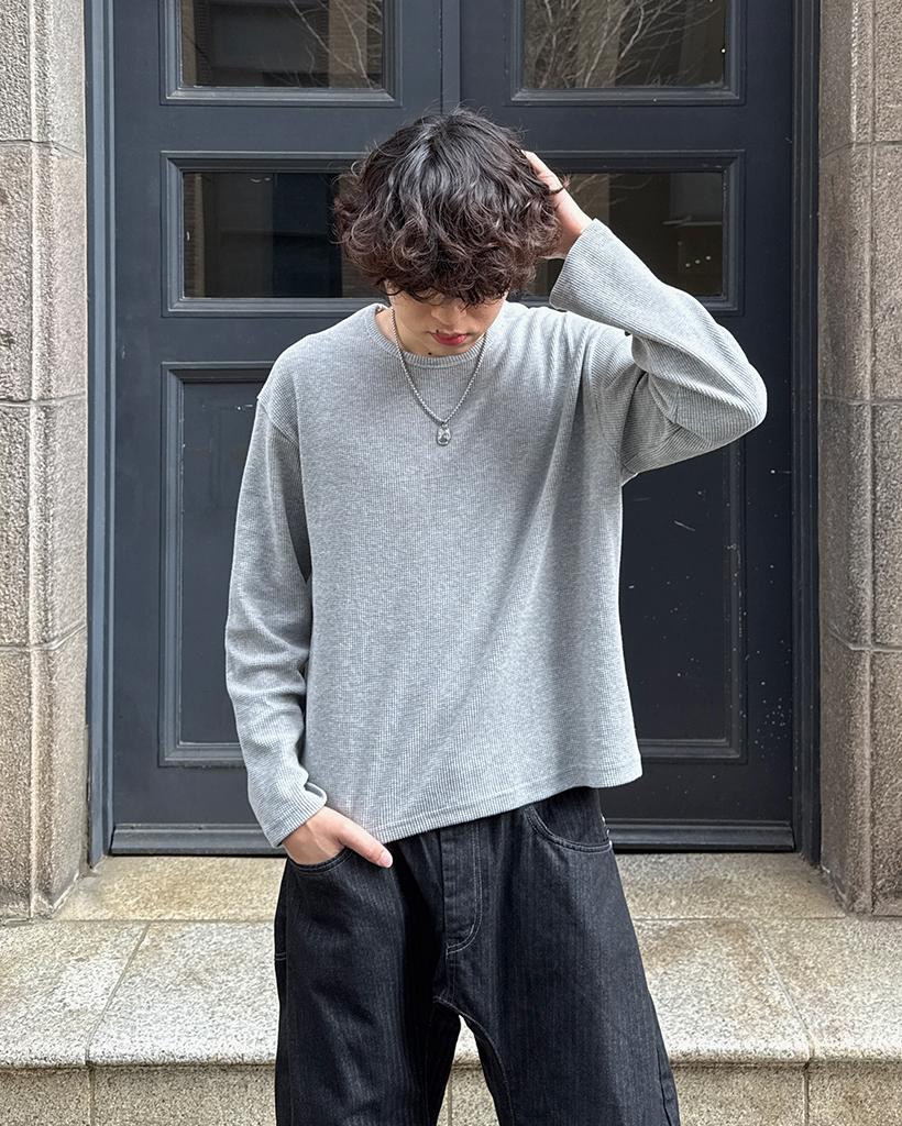 ワッフルシンプルロングスリーブカットソー
