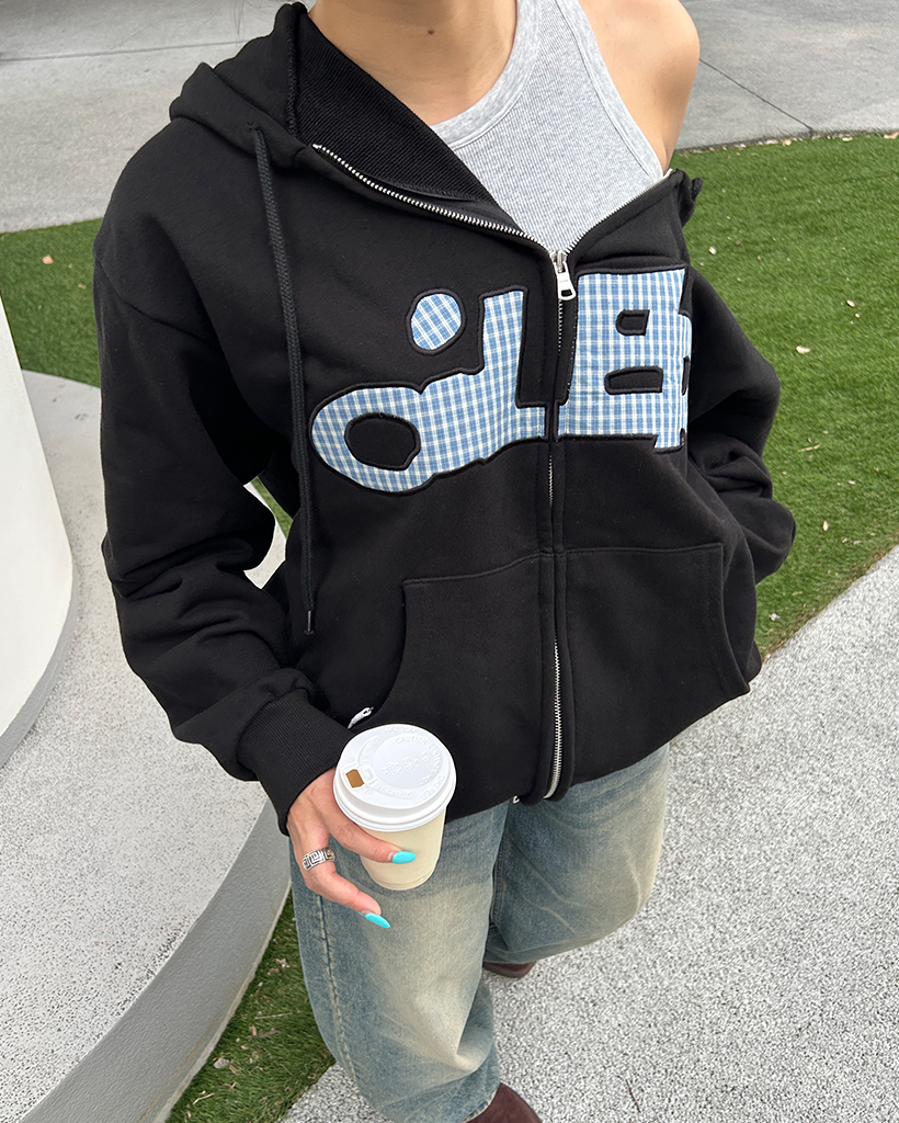 （ユニセックス）タータンチェックパッチダブルジップパーカー