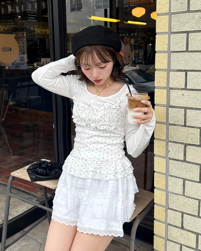 ドットフリルキャミ&クロップドカーディガンセット