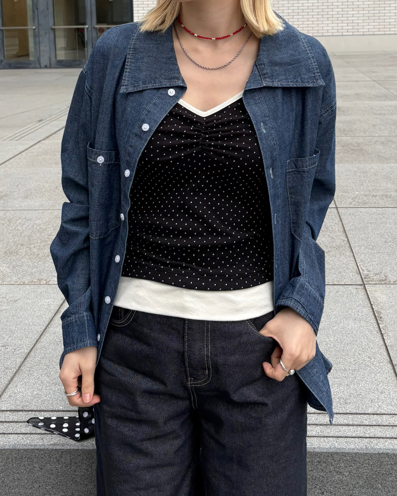 バストギャザーピンドットリブキャミソール