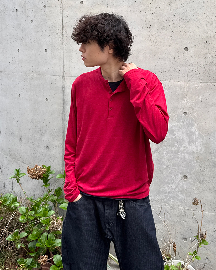 バイカラーレイヤードヘンリーネックロングTシャツ