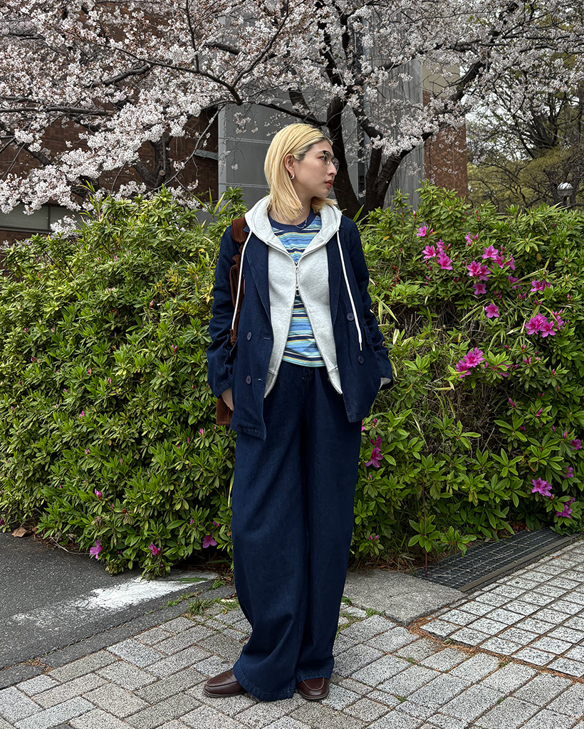 テーラードカラーデニムダブルジャケット＆ワイドパンツセット