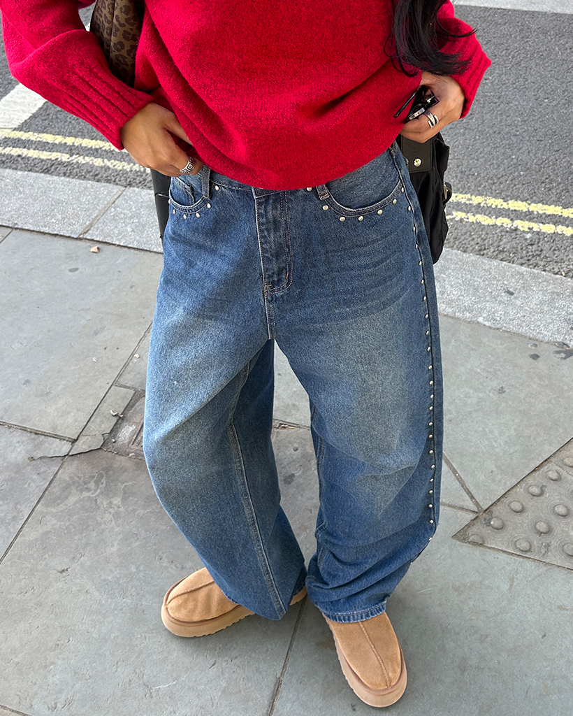 BEST 50]アウトシームスタッズラインワイドデニムパンツ