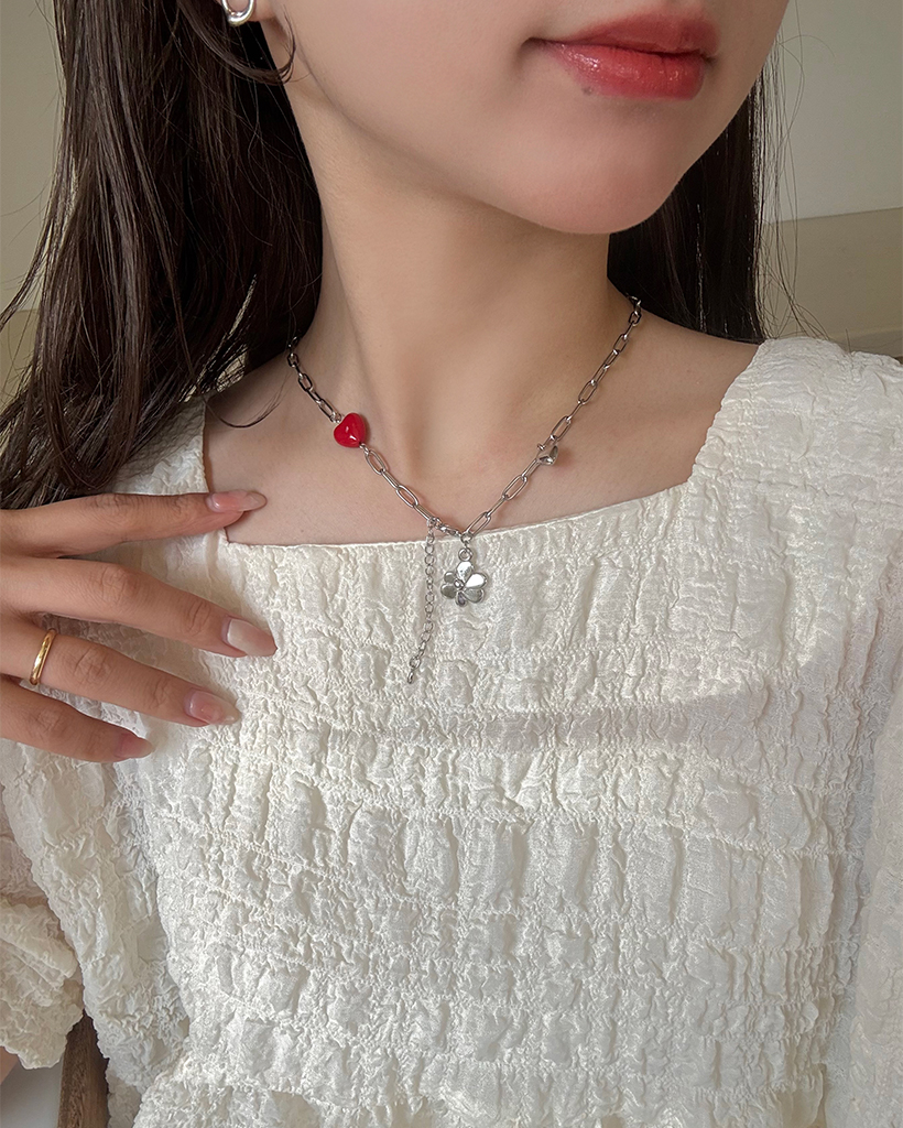 ダブルハートシルバーフラワーチェーンネックレス