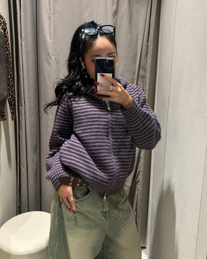 ボーダーダブルジップアップニットパーカー