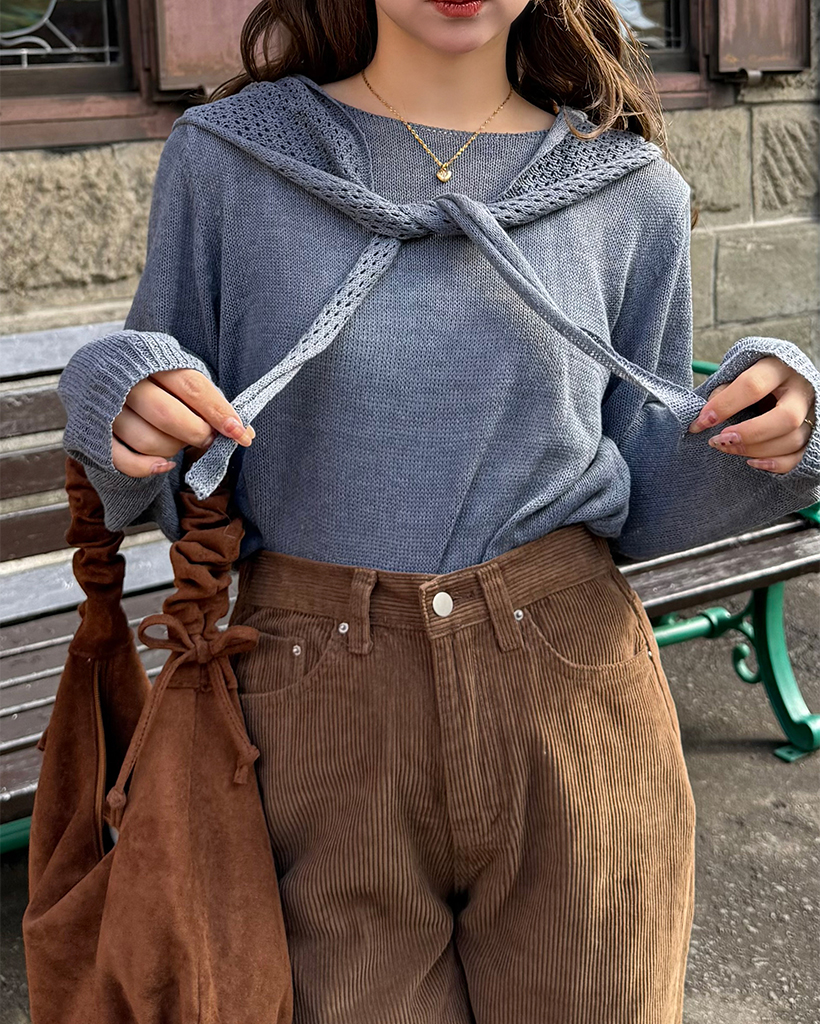 オブロングネックニット＆クロシェニットスカーフセット