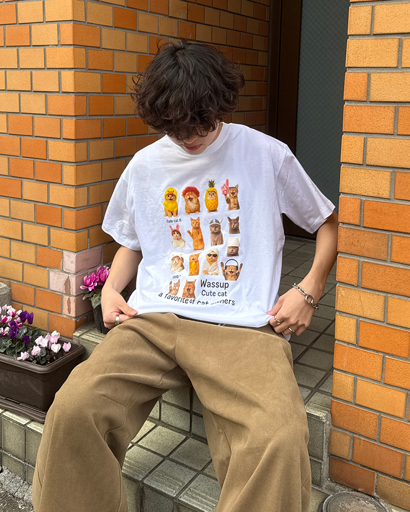 （ユニセックス）ユニークキャットプリントハーフTシャツ