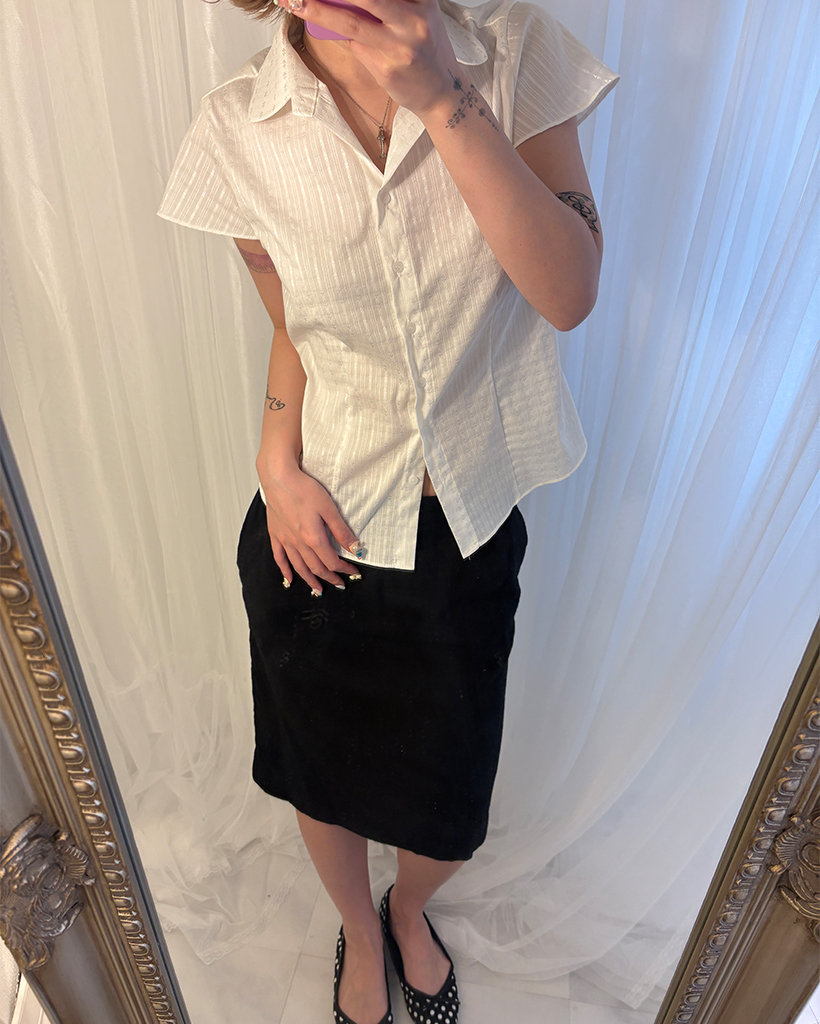 フラワーストライプフレアキャップスリーブブラウス