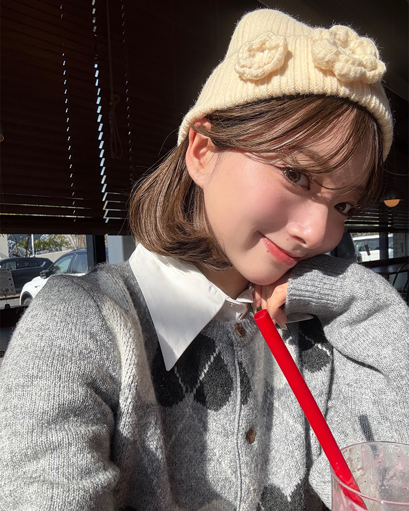 フラワーコサージュリブニットビーニー