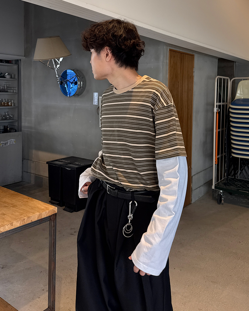 トリプルアイビーボーダーハーフロングレイヤードTシャツ