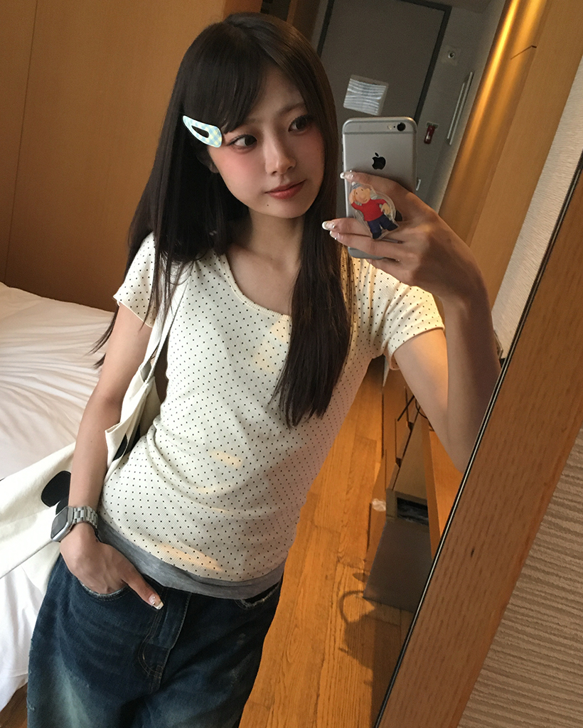 ピンドットスクエアネックリブハーフTシャツ